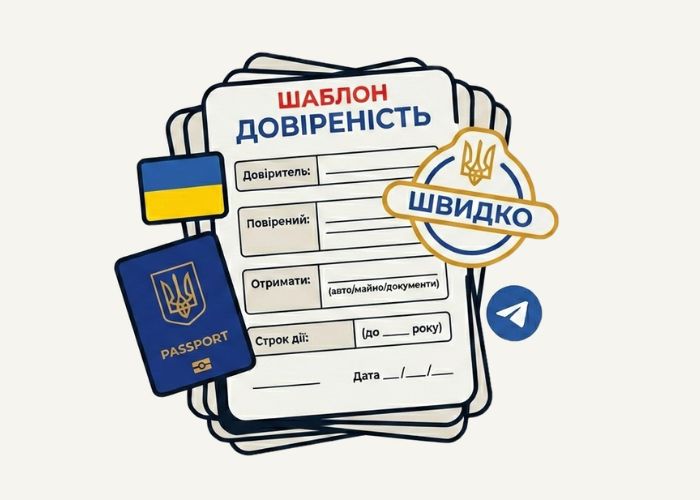 Ілюстрація: шаблон довіреності, український паспорт, печатка та іконка Telegram